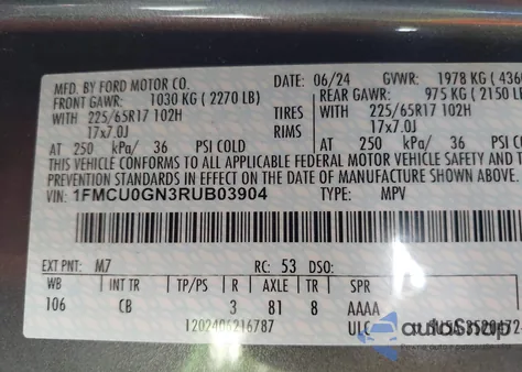 2024 Ford Escape Active z USA, uszkodzony, nr VIN 1FMCU0GN3RUB03904